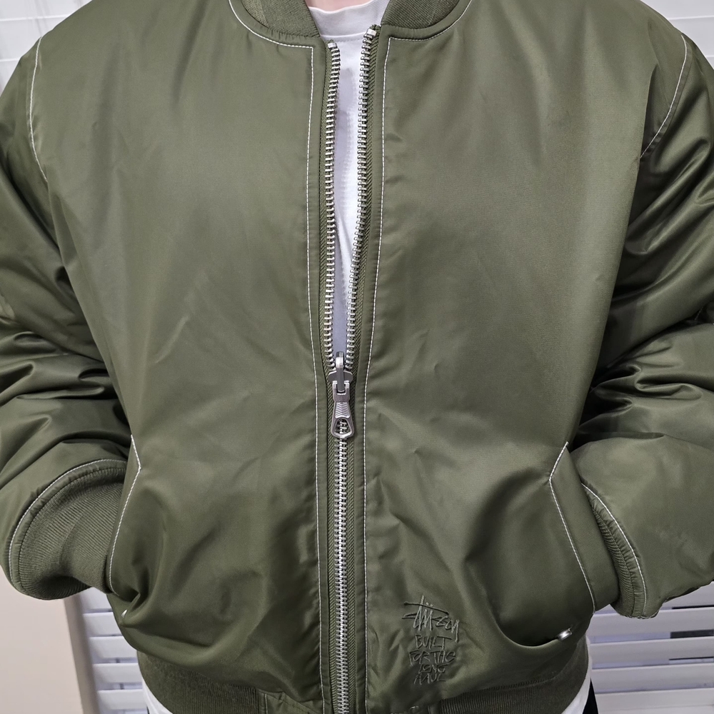 Stussy Olive Green Bomber Jacket with Front Zip